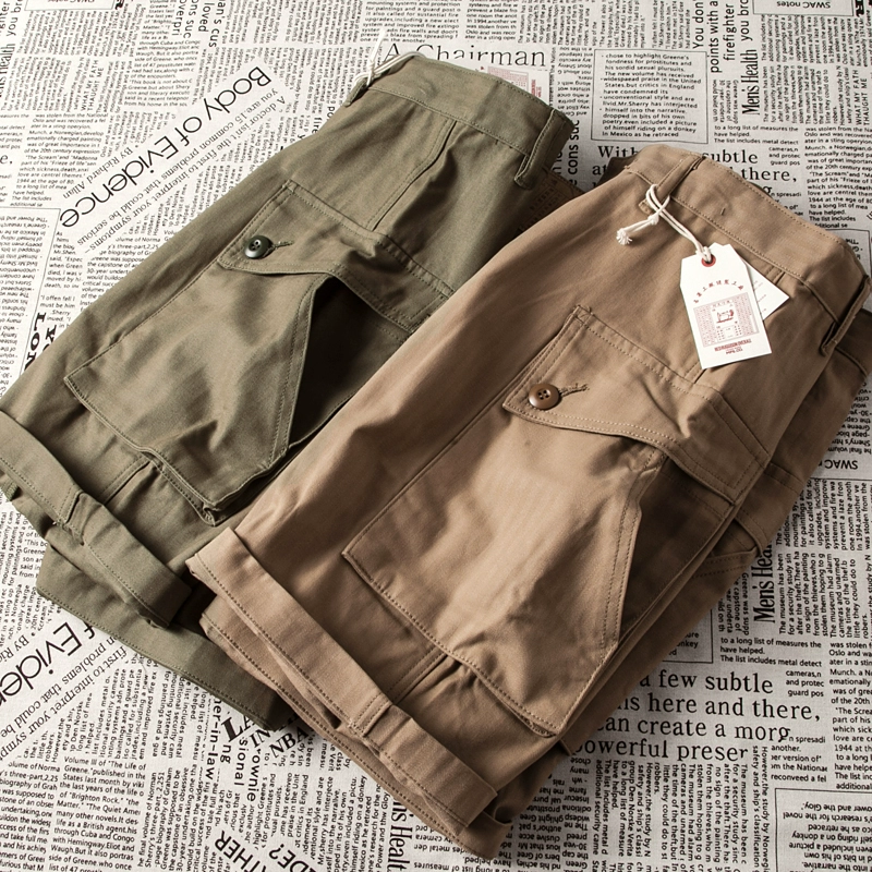 Ami kaki Mỹ retro phong cách quân đội Nhật Bản bỏ túi lớn cá xương mô hình giản dị rửa quần yếm quần short nam - Quần short