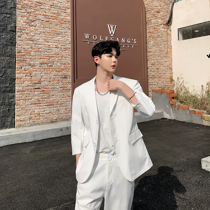 Hàn Quốc ulzzang nam đẹp trai phù hợp với áo khoác trắng mỏng áo khoác ba phần tư áo khoác Hàn Quốc chic nhỏ phù hợp với - Áo khoác đôi