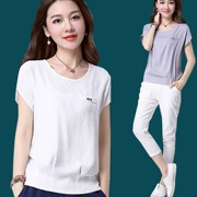 Mùa hè 2019 mới cổ tròn cỡ lớn nữ phiên bản Hàn Quốc của áo thun cotton rộng màu hoang dã nguyên chất và áo thun nữ tay ngắn - Áo phông