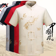 Trung niên và người đàn ông lớn tuổi của Tang phù hợp với ngắn tay mùa hè cha phong cách Trung Quốc sơ mi khóa quốc gia Han quần áo Trung Quốc quần áo