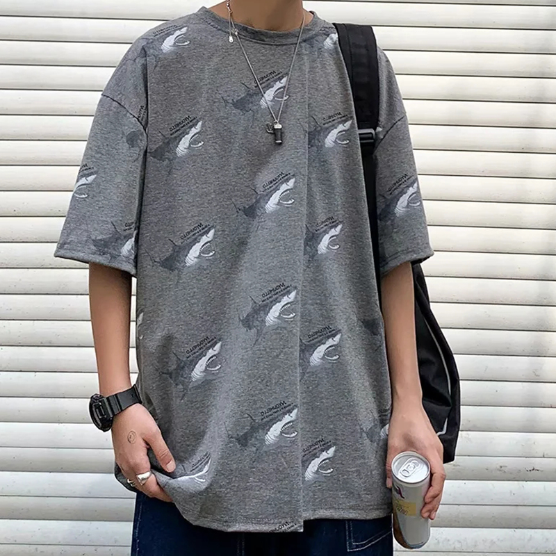 Summer Hong Kong short sleeve t-shirt men's Korean Trend loose half sleeve ins super fire net red shark print T-shirt