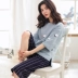 Mùa hè bộ đồ ngủ của phụ nữ cotton phần mỏng ngắn tay cắt quần head casual phù hợp với chất béo MM XL quần áo nhà ra