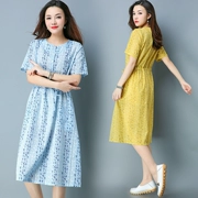 Đầm mid-size nữ 2018 hè mới retro cotton rộng ba chiều in eo Một chữ váy xòe lớn