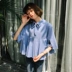 Nhỏ tươi sọc áo sơ mi nữ mùa xuân và mùa hè mới của Hàn Quốc phiên bản của lỏng tie năm điểm tay áo ve áo ngắn áo sơ mi búp bê áo sơ mi ngắn tay Áo sơ mi
