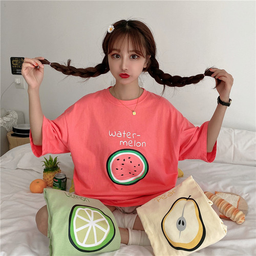 Cotton fruit pattern net red T-shirt women's ins super fire loose Korean version original Suzuki chic top