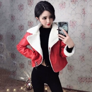 Mùa thu mới phiên bản Hàn Quốc cộng với nhung lông dày một chiếc xe máy da nữ Slim dài tay áo khoác ngắn áo khoác thủy triều