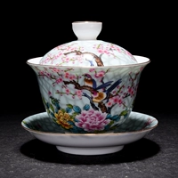Jingdezhen gốm mở nắp bát vẽ tay ba mảnh hoa pastel và chim trà bát trà Kung Fu màu xanh và trắng đặt tách trà - Trà sứ bình giữ nhiệt pha trà