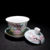 Jingdezhen gốm mở nắp bát vẽ tay ba mảnh hoa pastel và chim trà bát trà Kung Fu màu xanh và trắng đặt tách trà - Trà sứ bình giữ nhiệt pha trà Trà sứ