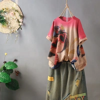 Danli nguyên bản 160 kg không áp lực 2019 retro lỏng lẻo size lớn của phụ nữ đan áo thun mùa hè - Áo phông áo thun tay lỡ
