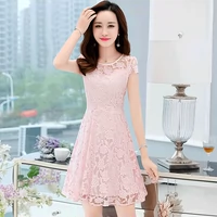 Mát gamma new solid color vòng cổ trung eo ngắn tay áo ren Một váy từ váy 927 chân váy đen