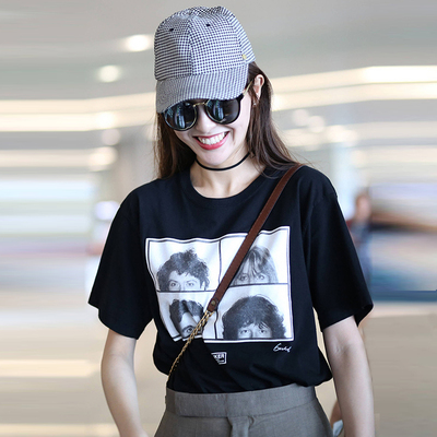 623#唐嫣明星同款黑色t恤女夏季原宿bf风宽松人物印花半袖上衣潮