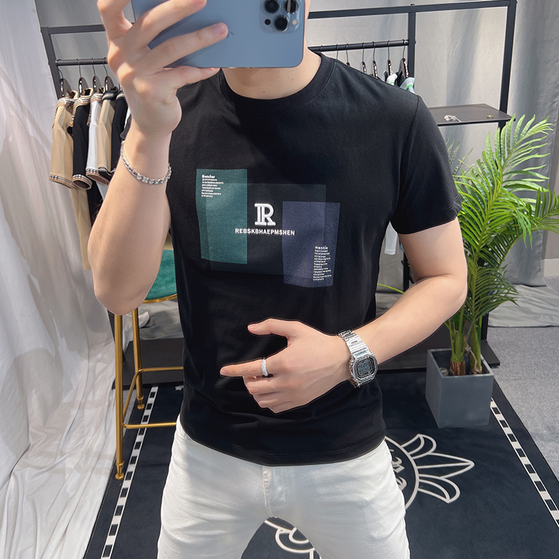 欧洲站短袖男潮牌夏季新款时尚简约印花T恤欧货青年纯棉修身衣服