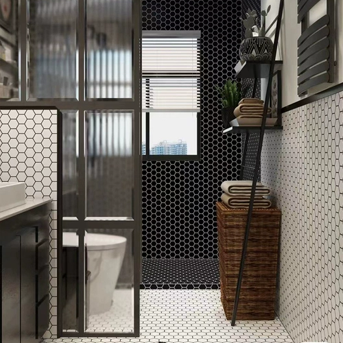 Маленькая гексагональная мозаичная плитка керамическая шестиугольная северная ванная комната для ванной комнаты, анти -слава, черно -белая серая