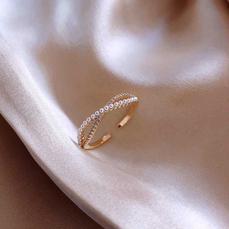 Cross Pearl K Goldma'am Opening Ring female fashion personality ins tide index finger ring Cold wind solar system Light luxury Internet celebrity Prime circle Abstain