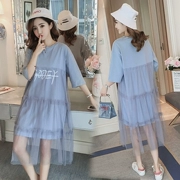 Thai sản mặc 2018 mùa hè mới thời trang lưới khâu ăn mặc thời gian mang thai kích thước lớn triều mẹ mặc váy dài