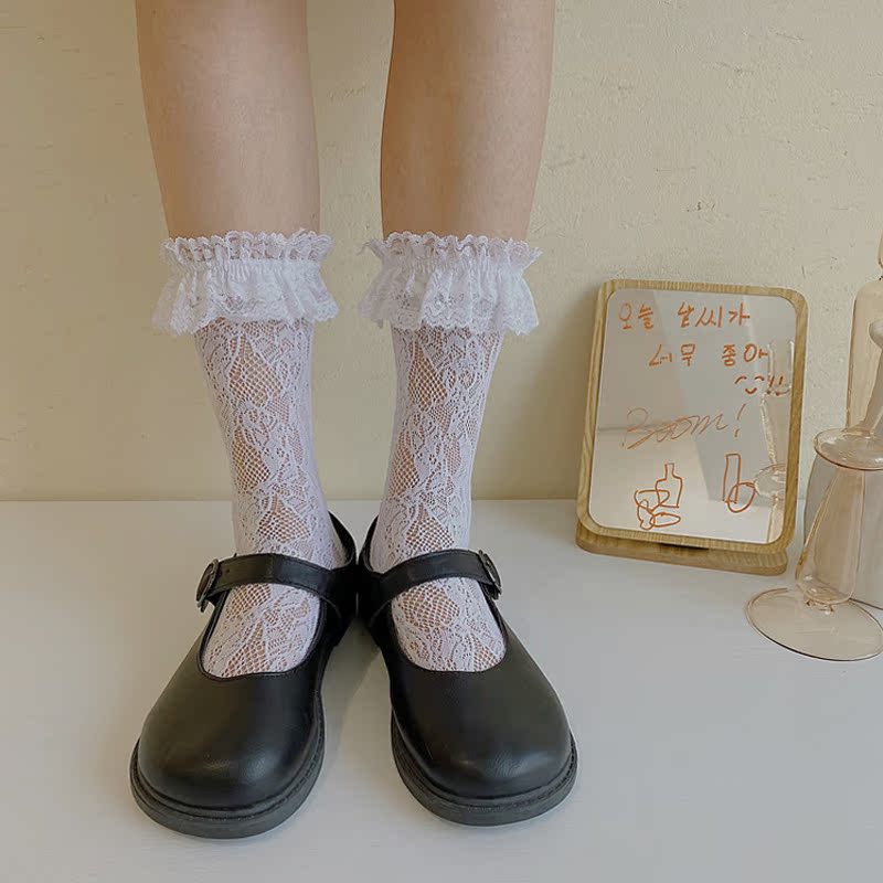 Magnolia Lace & Whitesolar system Lolita the soft girl Lace socks Cut out with lace Net stockings lovely girl Leg socks Spring and summer Medium long cylinder Socks