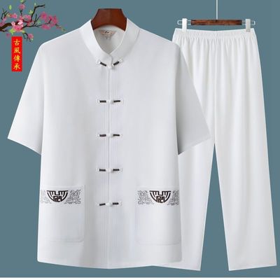 中老年唐装男短袖汉服爷爷太极服复古爸爸大码宽松中国风套装单件