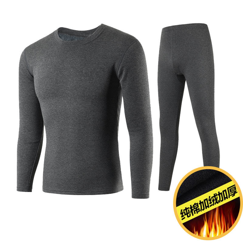 A Set Of Dark Grey (Plush And Thickened) Solid Hairdirect deal keep warm Underwear man thickening Autumn clothes and pants winter teenagers student cotton jersey Cold proof suit