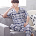 Cotton trẻ trung lụa nam đồ ngủ cha mùa hè cotton lụa ngắn tay nửa quần tây trung niên cardigan phù hợp với - Pyjama bộ thu đông đẹp cho nữ Pyjama