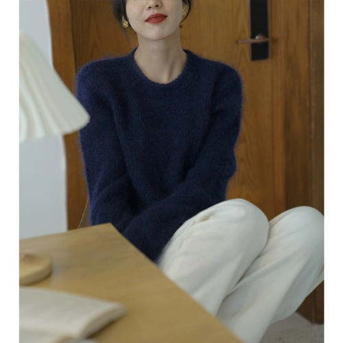Синий демисезонный трикотажный приятный телу свитер с круглым воротником, французский стиль, по фигуре