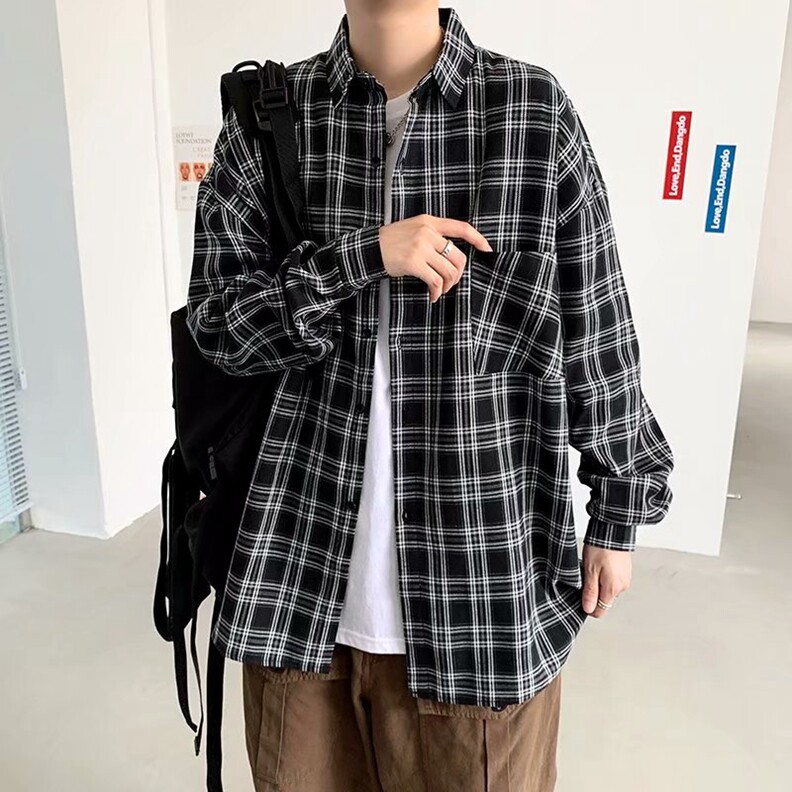 秋季ins文艺复古长袖衬衫男士韩版宽松潮流帅气港风格子衬衣外套