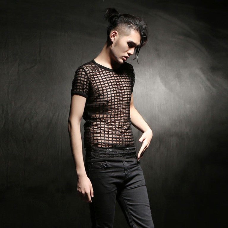 潮男夏季镂空短袖t恤韩版修身网格夜店演出服男 t302 p45