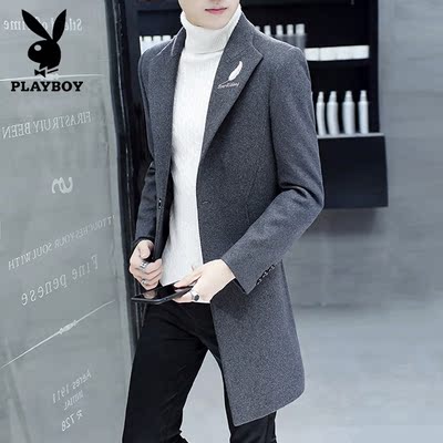 Playboy mùa xuân nam len áo khoác thanh niên Slim British coat nam phần dài len áo gió áo măng tô dạ nam cao cấp Áo len