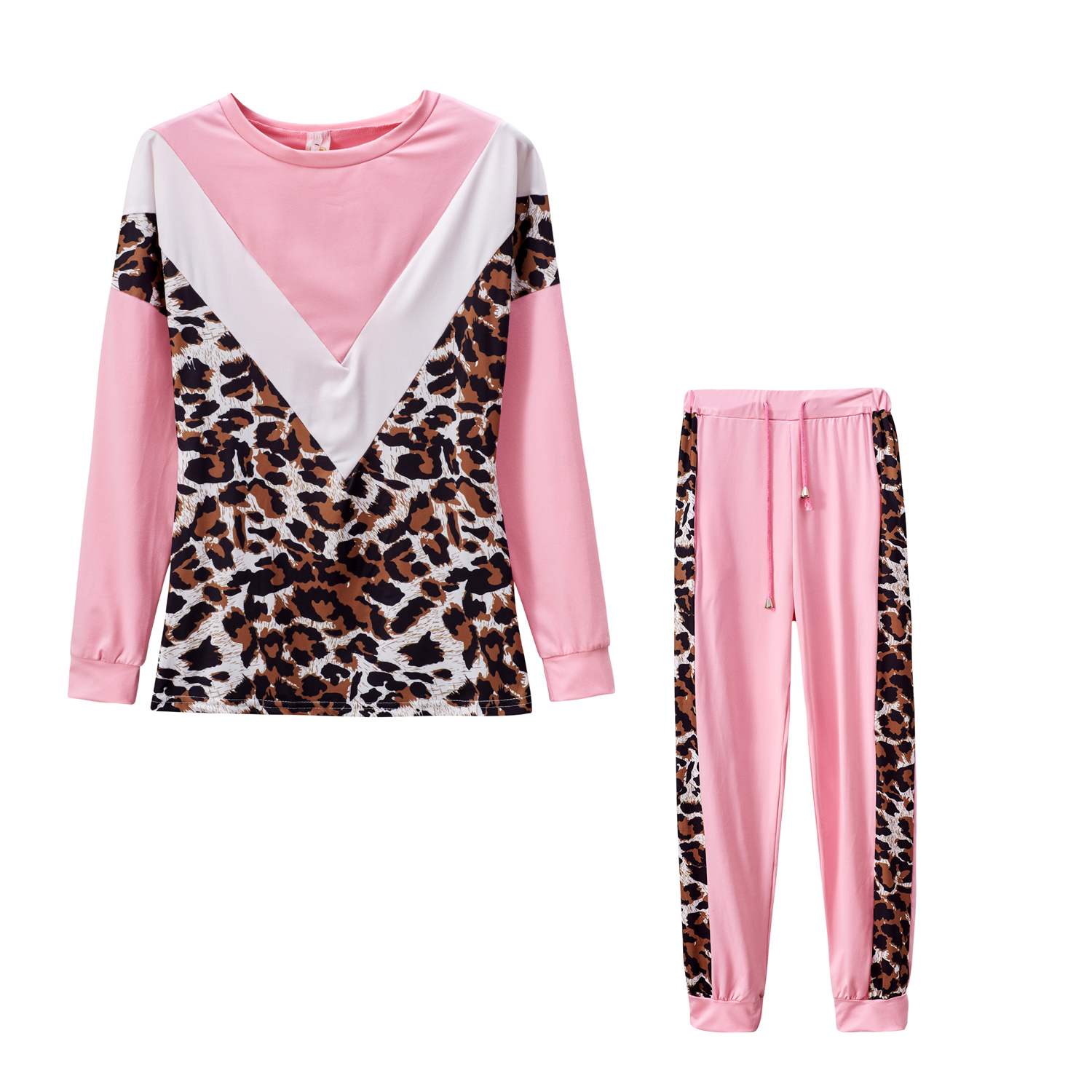 Pink9597 # 2020 Amazon Express Express wish Europe and America autumn new pattern Crew neck V-shape Leopard Print Color matching Sweater suit