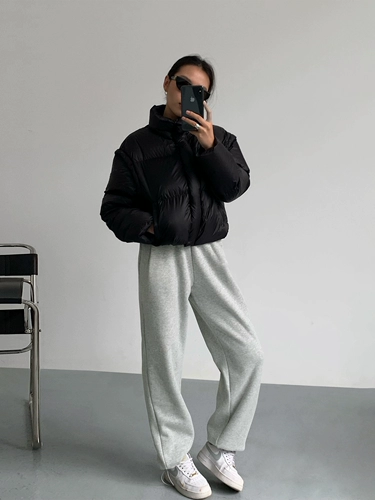 Черный демисезонный пуховик, бархатная куртка, оверсайз, утиный пух