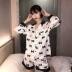 Bộ đồ ngủ nữ Xia Bingsi quần short dài tay hai mảnh nơ lụa thật có thể mặc ra ngoài phục vụ nhà - Bộ Pajama