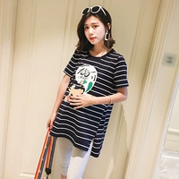 Thai sản váy mùa hè ngắn tay T-Shirt dài thời trang mùa hè 2018 new loose sọc cotton thai sản áo sơ mi thời trang bà bầu mùa hè