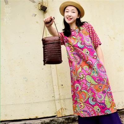 Không có cây nho không liên kết [Fucai] cải thiện cheongsam Trung Quốc bông retro đầm raglan tay áo tấm cổ áo khóa Xia Xin áo cưới váy đầm