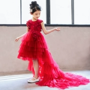 Trẻ em ăn mặc cô gái catwalk trình diễn trang phục rượu vang đỏ có thể tháo rời đuôi Tutu bữa tiệc tối trang phục buổi tối