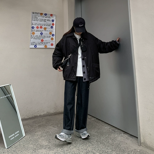 Демисезонный пуховик, длинные ретро джинсы с начесом, куртка, свободный крой, средней длины