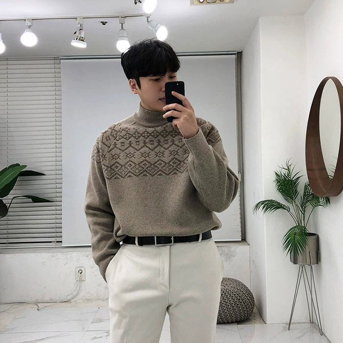 Dongdaemun Hàn Quốc mua mẫu nam raglan thực sự pha trộn màu nửa áo len cao cổ áo len - Áo len cổ tròn