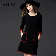 Mùa thu đông 2019 màu đen mới Một chiếc váy từ nữ mập mạp cỡ lớn cỡ lớn tự tu luyện che bụng váy - A-Line Váy