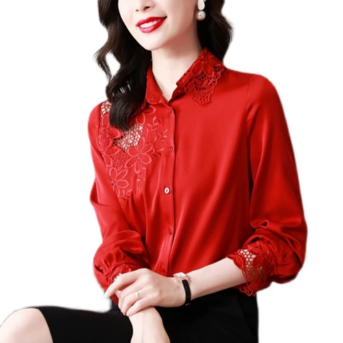 Красная шелковая рубашка, осенний лонгслив, жакет, коллекция 2023, с вышивкой, осенняя