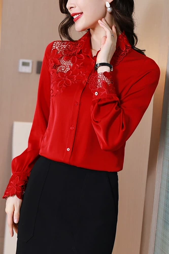 Красная шелковая рубашка, осенний лонгслив, жакет, коллекция 2023, с вышивкой, осенняя