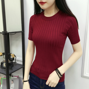 Mùa xuân và mùa hè của phụ nữ Hàn Quốc phiên bản của vòng cổ hoang dã hố áo sơ mi ngắn tay áo len phần mỏng màu rắn nửa tay áo triều