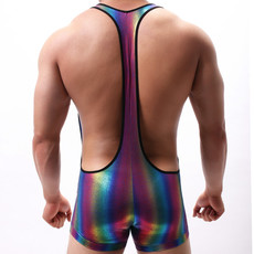 костюм pole dance 梵卡兹男士舞台表演连体衣 弹性涤纶彩虹烫彩布激凸连体裤 f-1203