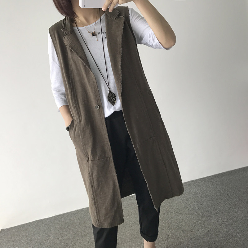 Mùa thu văn học mới retro lỏng kích thước lớn màu rắn V-Cổ tre cotton dài vest cardigan vest áo khoác