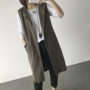 Mùa thu văn học mới retro lỏng kích thước lớn màu rắn V-Cổ tre cotton dài vest cardigan vest áo khoác áo khoác nữ đẹp