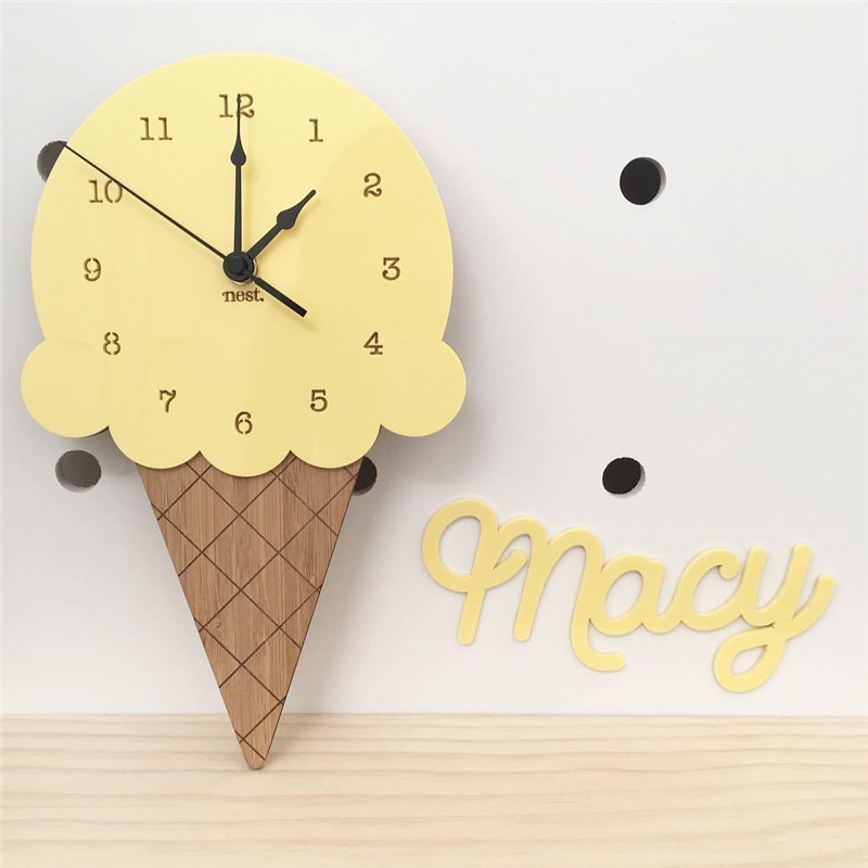 Ice Cream Rabbit Wood Children's Room Silent Pendulum Wooden Wall Decoration Pendant Clock_voghion.com