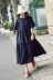 Suji Ange Thiết Kế Ban Đầu Loose Casual Dress Lá Sen Tay Áo Nghệ Thuật Retro Màu Rắn Một Loại Màu Xanh Hải Quân Ăn Mặc