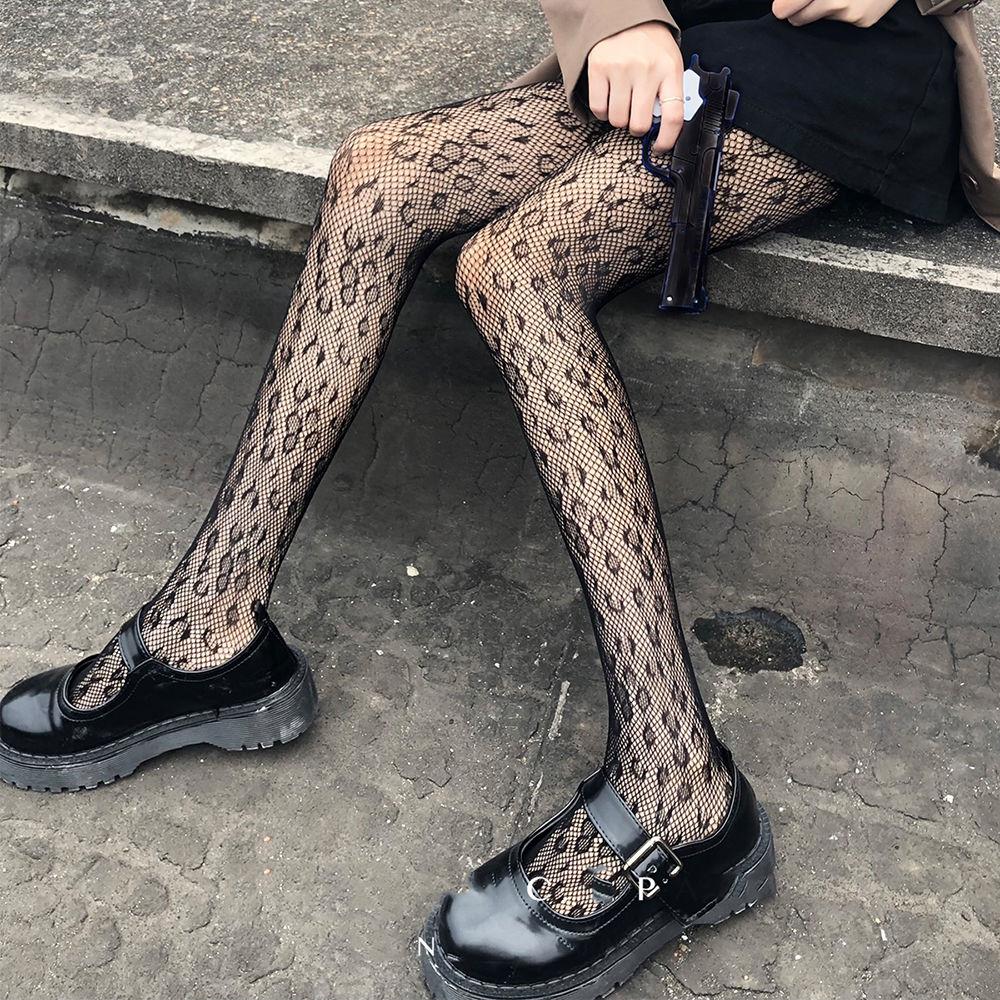 Leopard SocksInternet celebrity bow Black pantyhose female black Fishing net Socks Autumn and winter Pantyhose Thin ins winter solar system JK