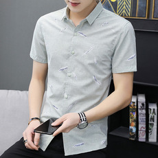 夏季衬衣男短袖薄款修身韩版潮流青少年休闲学生印花寸衫衬衫282