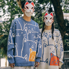 卡通貓圓領毛衣男士秋冬新款寬鬆情侶針織衫潮流休閒學生外套韓版