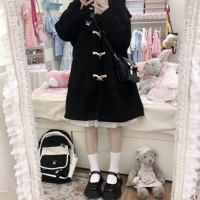 taobao agent Genuine Japanese demi-season black double-sided woolen coat with hood, suitable for teen