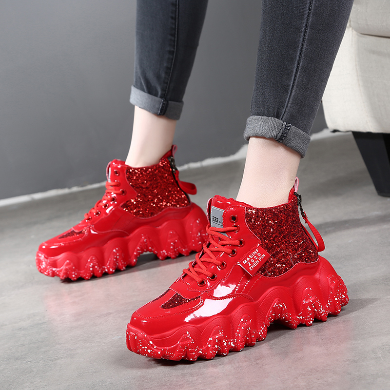 Lưới đỏ siêu lửa đôi dây kéo cao giúp giày cũ nữ in xốp bánh xốp dày 6cm laser Trung Quốc đỏ sóng đáy - Giày cao gót