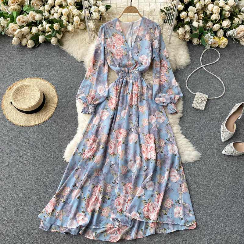 BlueSeaside holiday Dress temperament Goddess clothes new pattern Hollow out Bareback Self cultivation have more cash than can be accounted for Broken flower Maxi dress tide